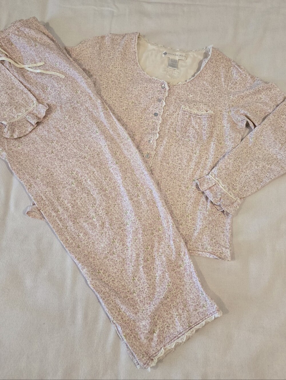 Eileen West White Pink Floral 2pc Pajama Set 100% Cotton Size Small Long Sleeve